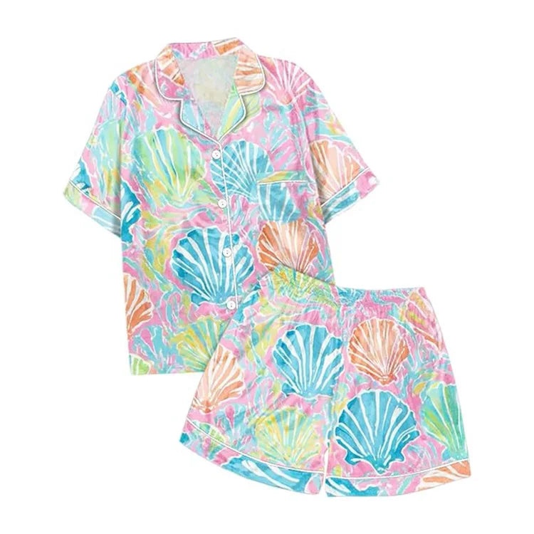 Four-way Stretch Pajama Set High Quality Colorful Short Sleeve Top With Trousers Summer PJ Short Two Pieces Lightweight Pajama