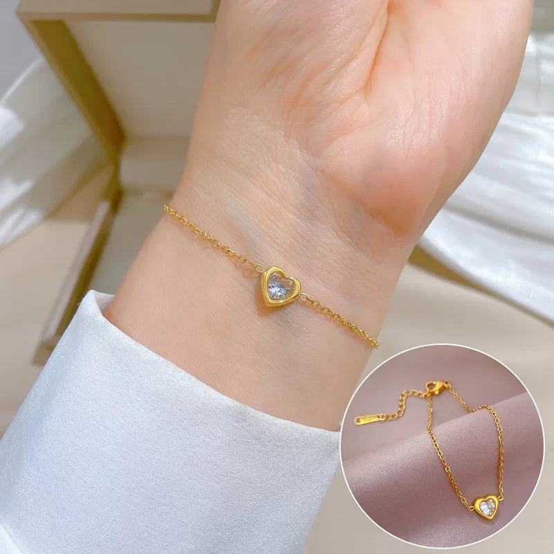 No Fading Titanium Steel Bracelet Full Diamond Zircon Heart Pendant Bracelet Women Stainless Steel Heart Bracelet