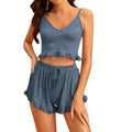 New 2pcs Summer Breathable Woolen Pyjamas Shorts for Women Sleepwear Straps Top+Shorts Cotton Set Ruffled Shorts Loungewear