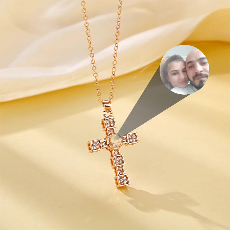 Projection Pendant Necklace Gold Plated Stainless Steel Female Customized Photo Full Diamond Cross Pendant Projection Necklace