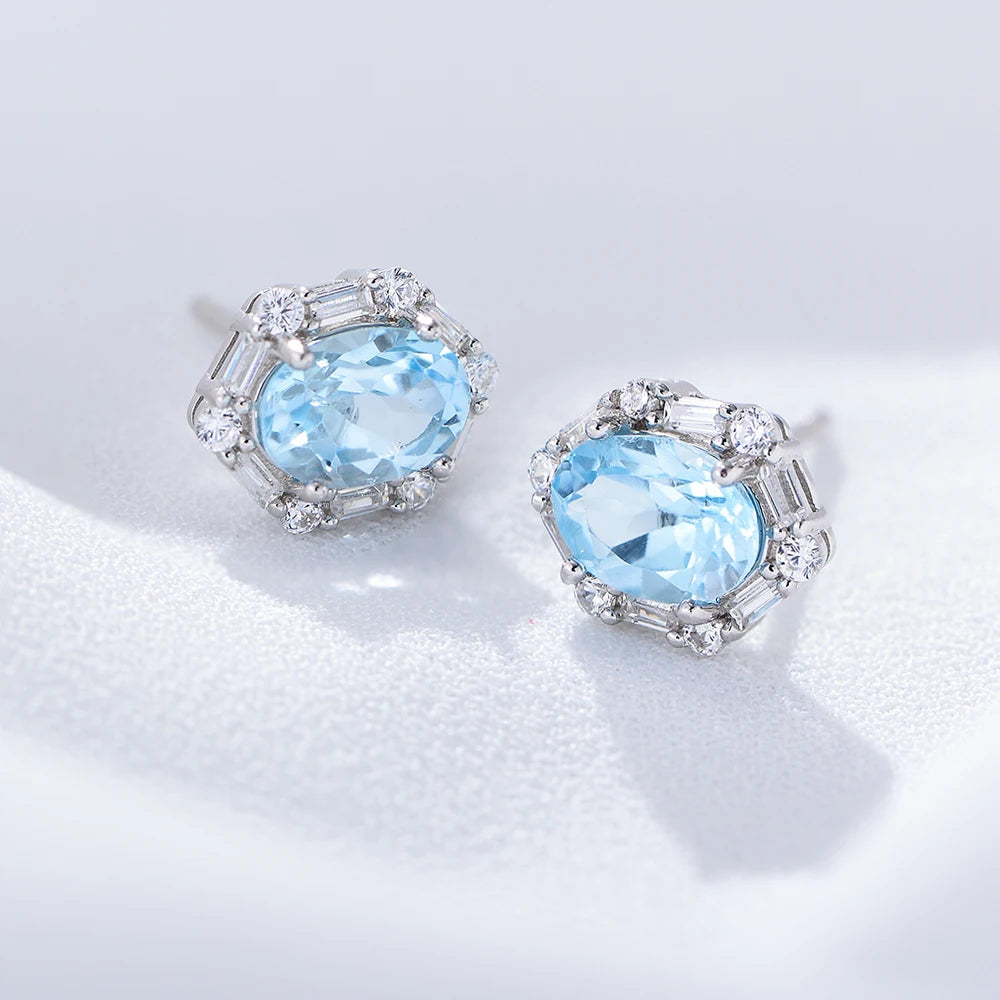 Aretes De Plata 925 Joyeria Fina Luxury Sterling Silver Rhodium Plated Sky Blue Topaz Stud Earrings for Women