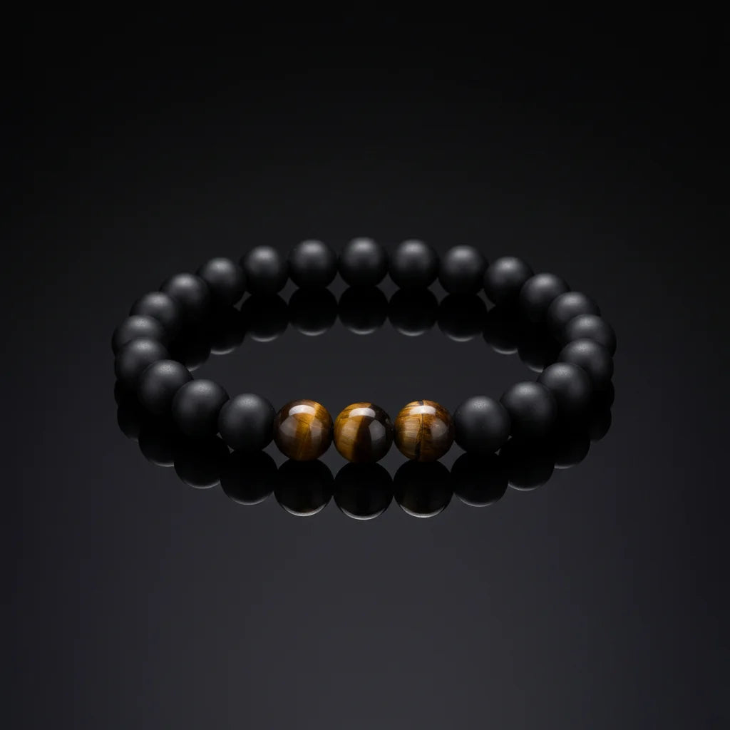 8mm Natural Brown Tiger Eye Beads Matte Frosted Black Onyx Stone Gold Ball Shape Bracelet Bangle Trendy Elastic Yoga Bracelet