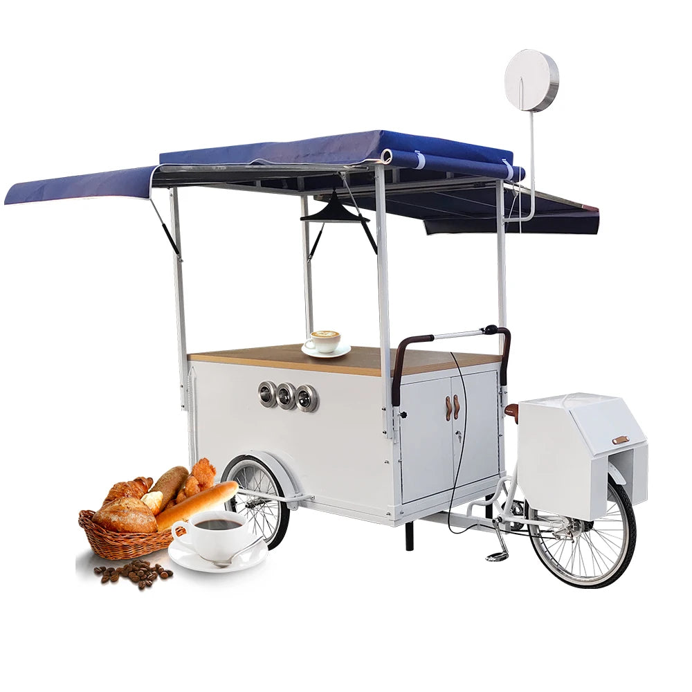 Fast Food Bike 3 Wheeled Electric Coffee Cart with Outdoor Awning Coffee Tricycle Street Mobile Cargo Coffee Bike Food Tricycle