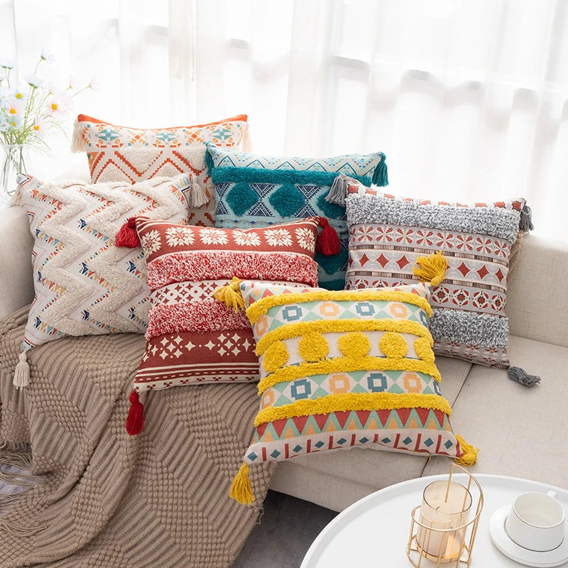 Amity Tassels Cushion Cover Handmade Moroccan Throw Pillow Case  Boho Tufted Embroidery Machine Wash Cotton Linen 10pcs
