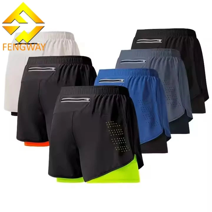 Men's Casual Quick-Drying Fitness Running Shorts Double Layer Black Sport Workout Training Bodybuilding Pants
