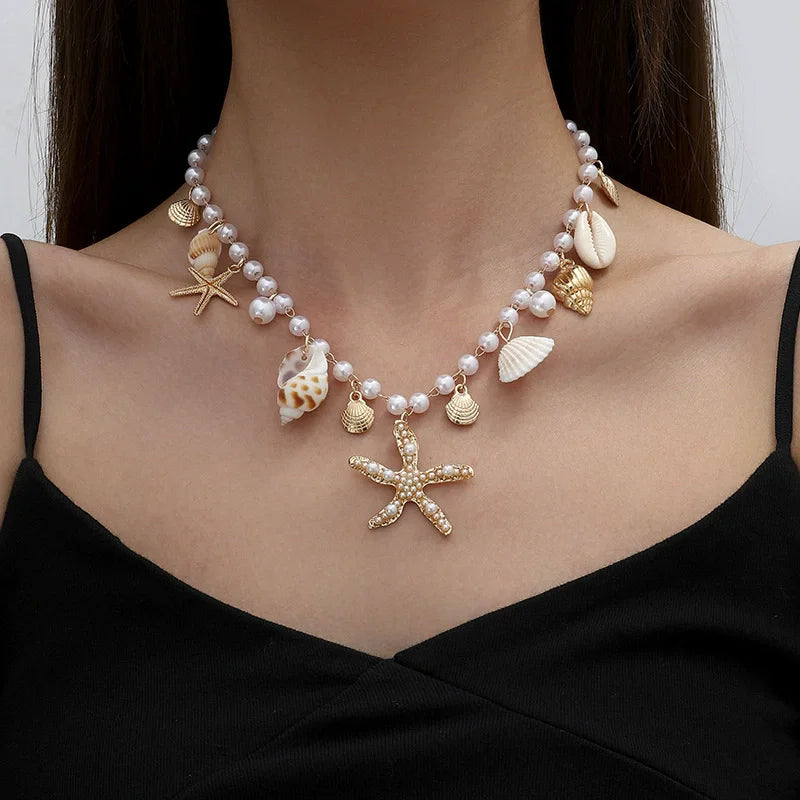Women's Beach Shell Necklace and Bracelet Set with Faux Pearl Starfish and Conch Wholesale N26112