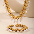 French Tassel Pearl Necklace Bracelet Sets Women Exaggerated Luxury Stainless Steel PVD 18K Gold Plated Jewelry Set Wholesale