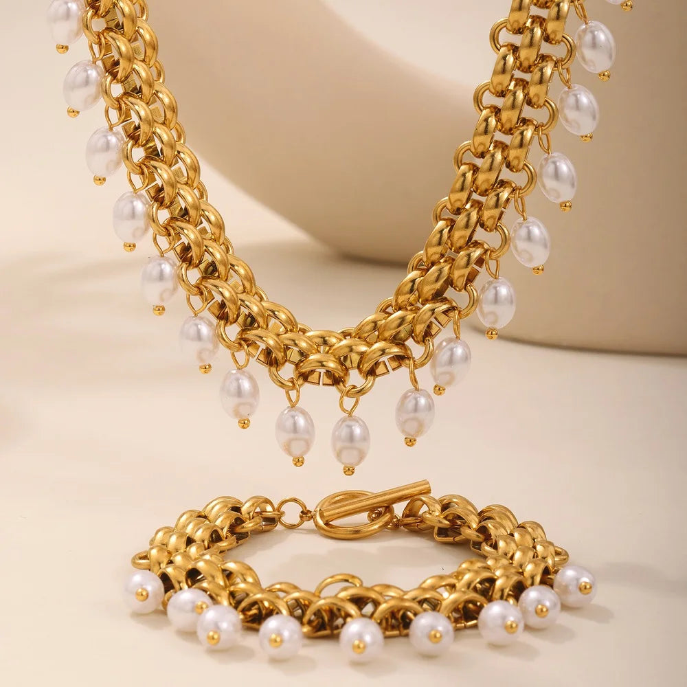French Tassel Pearl Necklace Bracelet Sets Women Exaggerated Luxury Stainless Steel PVD 18K Gold Plated Jewelry Set Wholesale