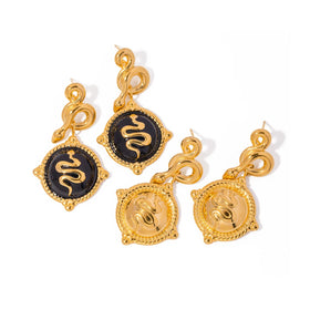 J&D Women's Casual/Sporty Low Key Luxury Stainless Steel Gold Plated Enamel Round Pendant Snake Relief Drop Earrings