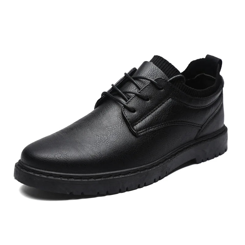 Men's Formal Black PU Leather Loafers Spring Big-Toe Business Casual Dress Shoes with Lace-Up Soft Soles & Non-Slip Design