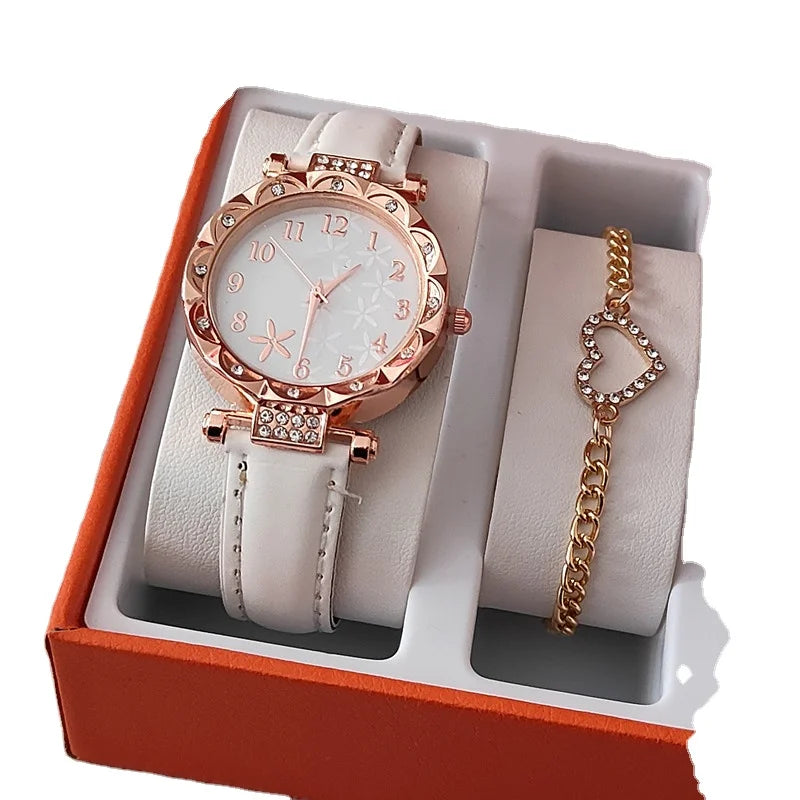 2024 Popular 2pcs Ladies Quartz Wristwatches Heart Bracelet Woman Watch Set