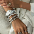 Fashion Alloy Beaded Pearl Bracelet Set Irregular Smooth Oval Curved Cuff Chunky Bangle for Women