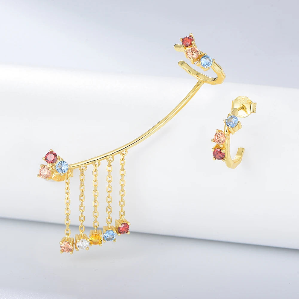 Luxury Asymmetrical Ear Clip Multicolor Zircon Stud Women Jewelry 925 Sterling Silver Gold Plated Climber Earrings