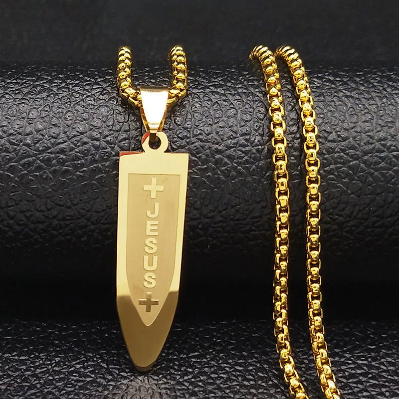 Stainless Steel Jesus Cross Choker Necklace for Men and Women Bullet Shape Pendant with Zircon Colar Masculino Jewelry