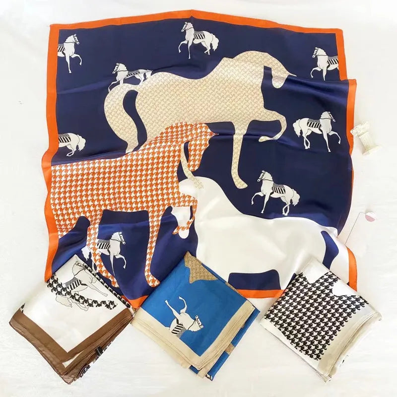 Hengli Hot-selling Horse Design Customized Pattern Large 100% Silk Ladies Scarves Satin Silk Feeling Headscarf
