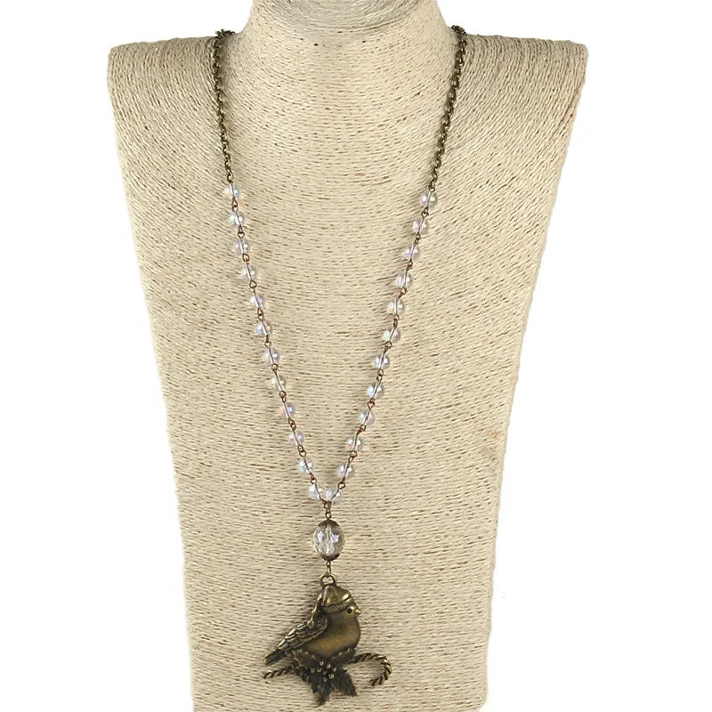 JH Wholesale Antique Bronze Alloy Chain Crystal Glass Rosary Chain Women Necklace  Alloy Bird Pendant Necklace