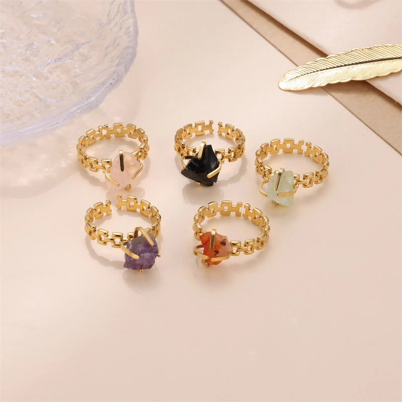 Waterproof Colorful Natural Stone Inlaid Finger Rings Custom PVD Gold Finger Band Women Stainless Steel Fashion Rings Wholesale