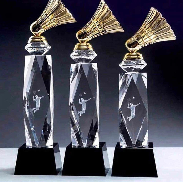 Gold Metal Badminton Glass CRYSTAL Awards Trophies MH-NJ0199