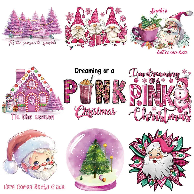 Pink Cartoon Christmas Iron on Patches for Clothes Letter Transfer Iron on Vinyl Appliques Winter DTF Heat Transfer for T Shirt
