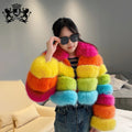 JANEFUR Women's Striped Coats Custom Long Sleeves Fashion Women Fluffy Ecological Fur Jacket Women Faux Fur Jacket Coat