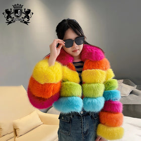 JANEFUR Women's Striped Coats Custom Long Sleeves Fashion Women Fluffy Ecological Fur Jacket Women Faux Fur Jacket Coat
