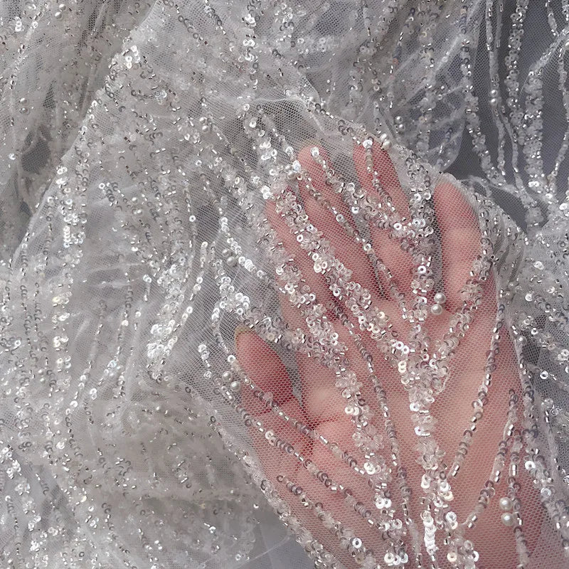 Bridal Lace Warp Knit Fabric Stripes Luxury Beaded Sequin Wedding Dress Garment 3D 100% Polyester Advanced Custom-made Sewing