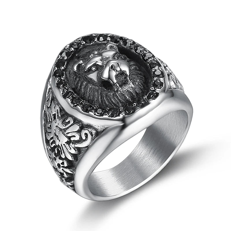 Punk Style Vintage Silver Zircon  Lion Animal Head Rock Finger Rings Stainless Steel Biker Rings for Men