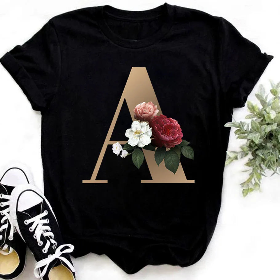Custom Name Letter Combination Fashion Women T-shirt Casual Black Short Sleeve Tops Flower Letter Font B C D E F G Print Logo