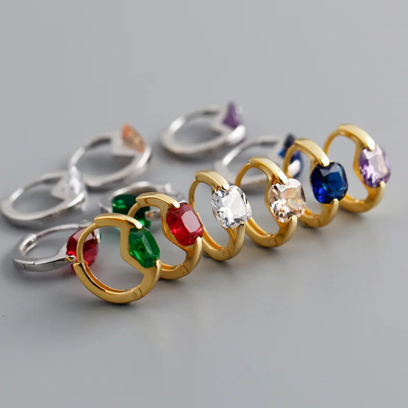 New Real 925 Sterling Silver Colorful Geometric Zircon Hoop Earrings for Women Minimalist Wedding Charming Earring Jewelry
