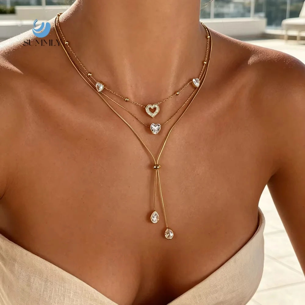 SUMMLY Dainty Heart Zircon Necklace Adjustable Stainless Steel 18K Gold Plated Y Chain Necklace for Women Fashion Jewelry