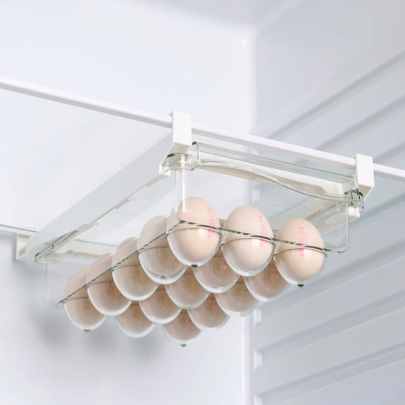 Plastic Clear Pull-out Hanging Drawer Type 15 Grids Eggs Organizer Box with PET ABS Material Minimalist Design for Kitchen Use