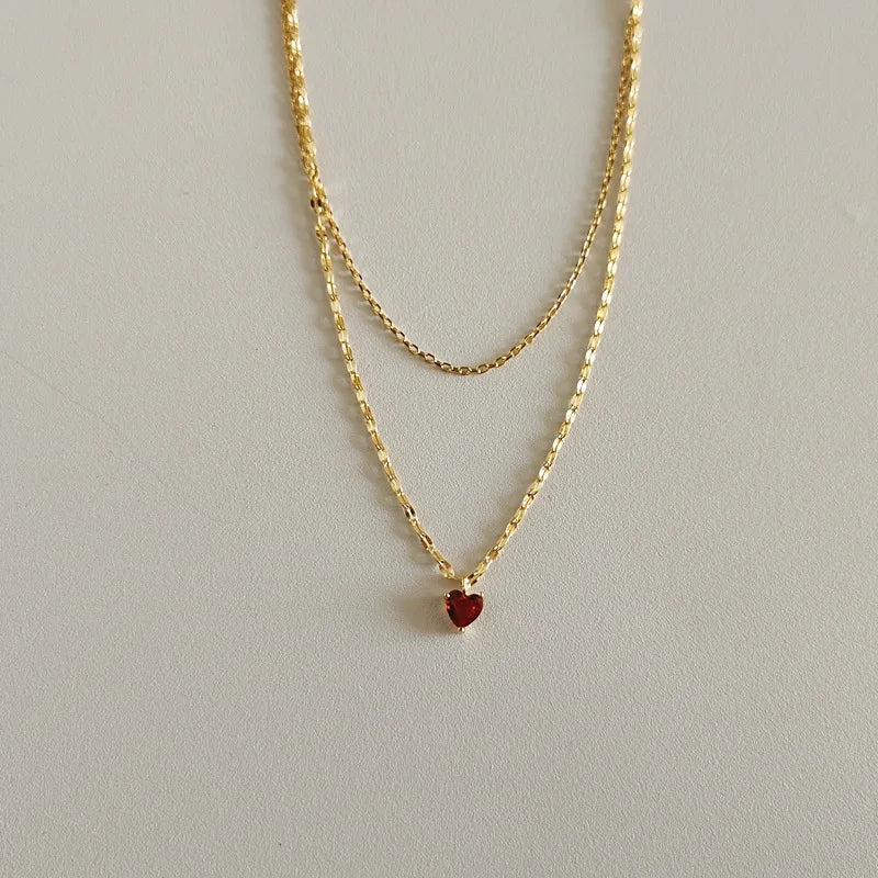 Fashion Gold Plating Sterling Silver Multilayer Heart Pendant Necklace S925 Sterling Silver Red CZ Heart Necklace for Party