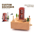 Custom Logo Engraving  11cm Telephone Booth Wooden Music Box with Moving Round Car for House Decor