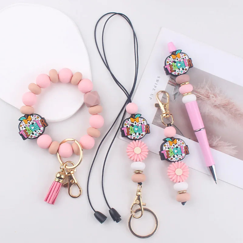 New Cartoon Teacher's Day Leopard Apple Silicone Bead Pen Lanyard Bracelet Wristlet Keychain
