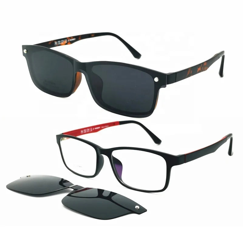 Blue Frame Prescription Eyeglasses with Black Polarized TAC Sunglasses Lenses Solid Pattern Magnetic Clip-On Rimless Men