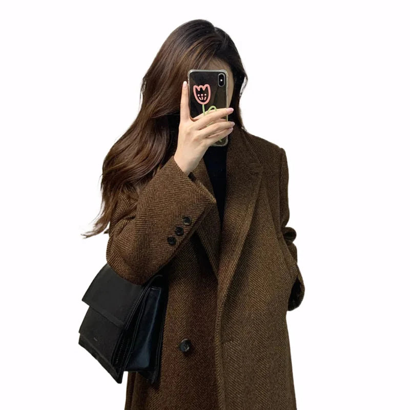 High Quality Women  Coats Casual Fit-Shoulder Herringbone Overcoat Lady Korean Winter Long Tweed Blazers Coat Jackets