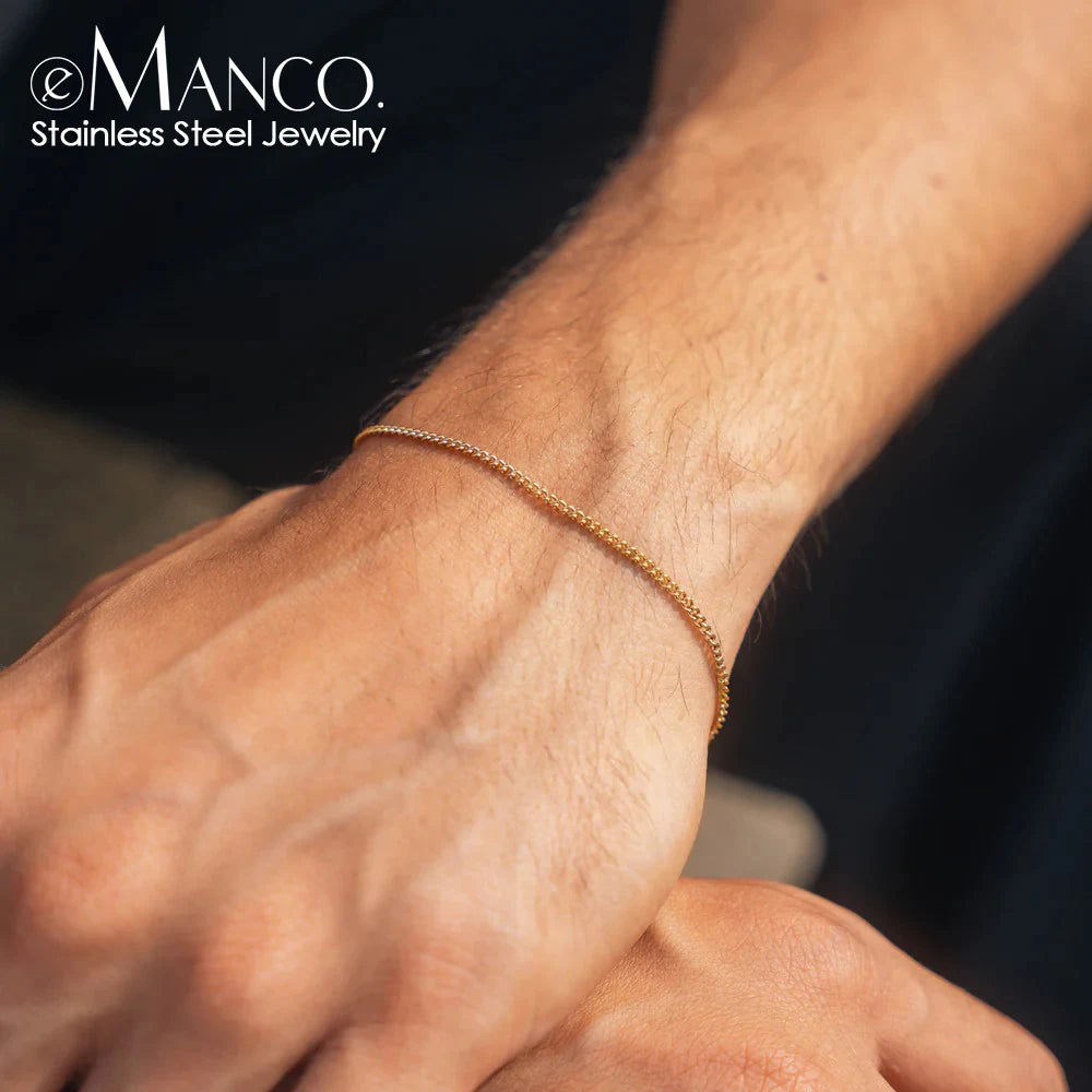 EManco Minimalist Gold Color  Bracelet Men Hip Hop Stainless Steel Cuban Chain Adjustable Bracelets Jewelry Mens 18K