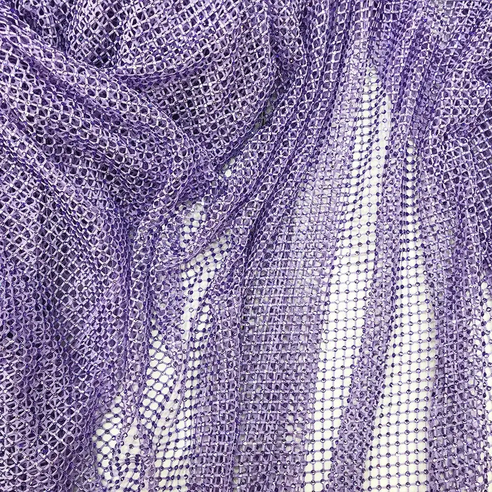 Violet Lilac Rhinestone Mesh Stretchable Crystal Rhinestone Diamond Lace Fabric