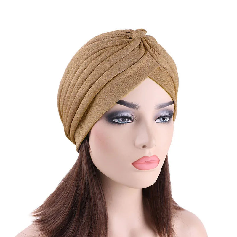 Hot Sale Women Ruffle Knotted Sleep Turban Muslim Indian Hat Plain Twist Turban for Women