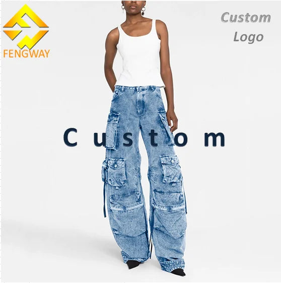 Fengway Custom High Waist Denim Cargo Pants Patchwork Denim Pockets Trousers Vintage Washed Wide Leg Jeans for Ladies