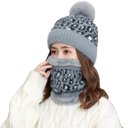 Winter Mohair Knit Beanie Hat Neck Warmer Set Cute Slouchy Thick Fleece Lined Ski Hat Neck Warmer