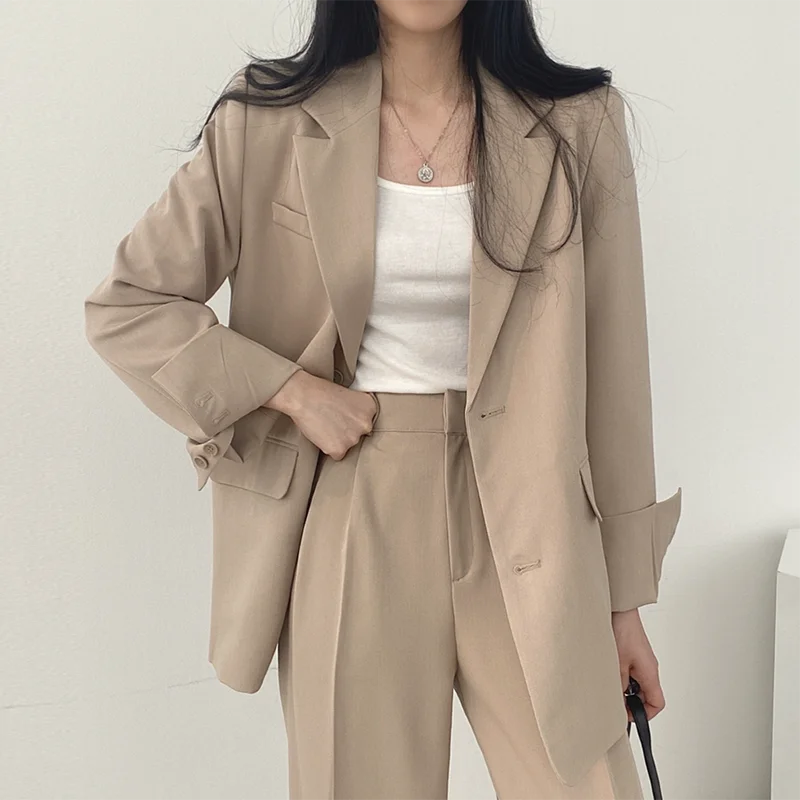 Boutique Wholesale 2026 Korean Chic Spring Casual Lapel Two Button Suit Jacket High Waist Drape Wide Leg Trousers Women's Set