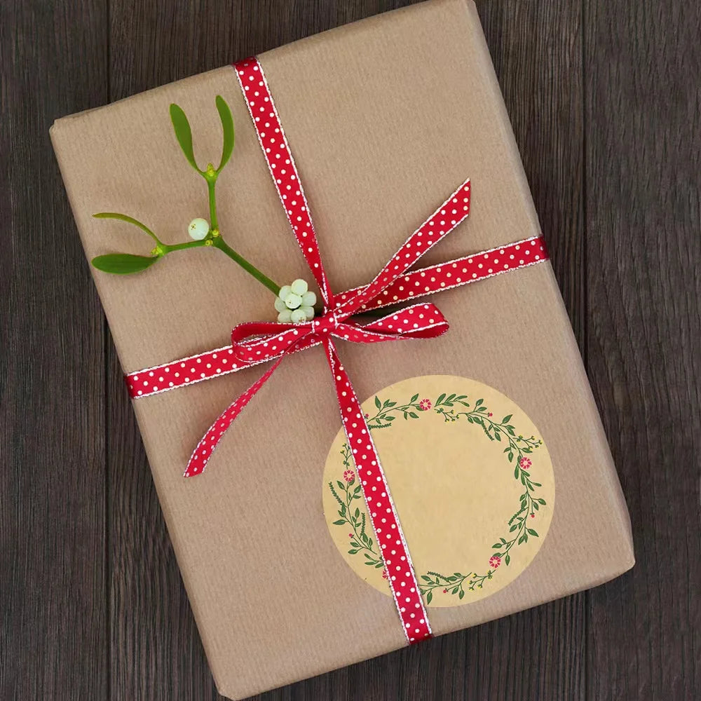 500PCS/Roll Brown Paper Flower and Plant Sticker for Gift Packaging Handwritten Message Self-adhesive Label Sealing Decoration