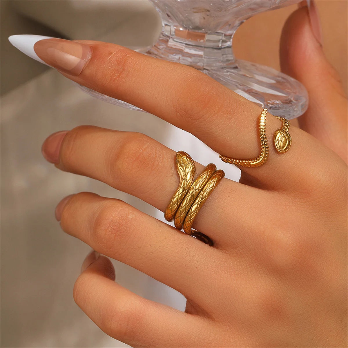 2 Pcs/Set Stainless Steel Adjustable Snake Rings for Women Trendy Ladies Waterproof Finger Ring 2025 Fashion Female Hand Jewelry