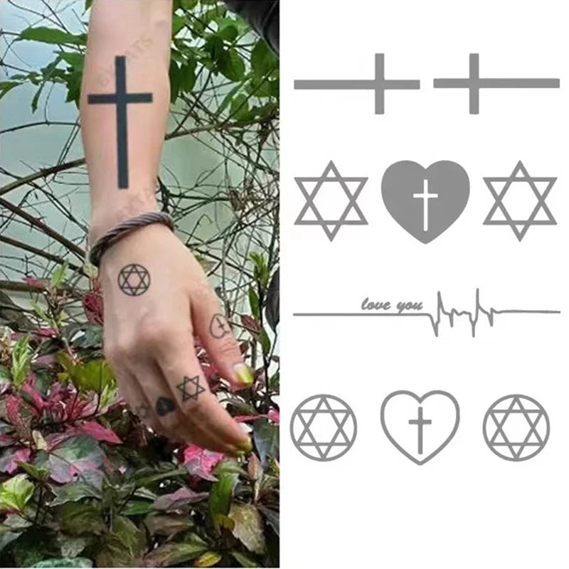 BXTAT Cross Minimalist Star Heart Shaped Finger Tattoo Symbols Long Lasting 2 Weeks Waterproof Semi Permanent Tattoos Sticker