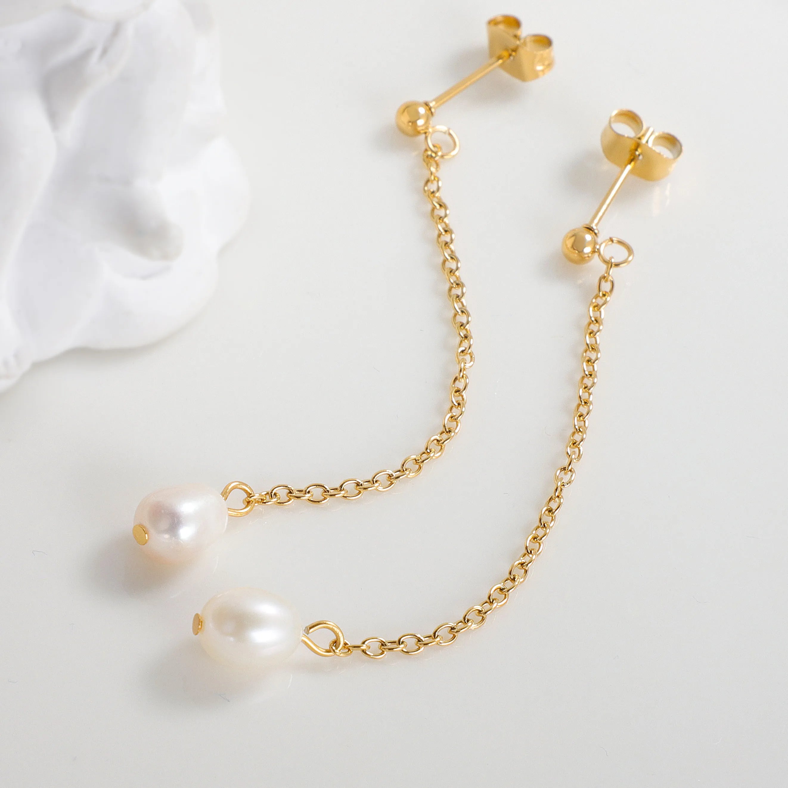 Women Fashion 18K Gold Plated Stainless Steel Real Freshwater Long Tassels Drop Pearl Earrings