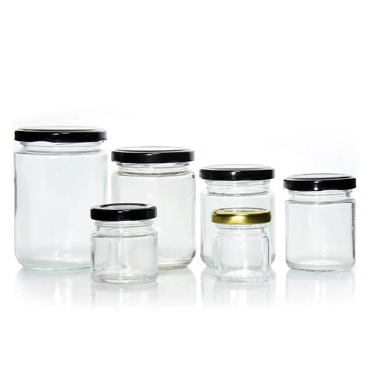 Wholesale Storage Glass Jar 350ml 500ml Round Salad Canned Pickle Sauce Spice Glass Mason Jar Containers with Black Metal Lid
