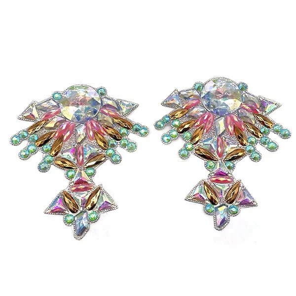 Trinidad Carnival Rhinestone Applique Bodice Iron on Neon pink AB Resin Metal Bead Patch for Fiesta Party Costume Design