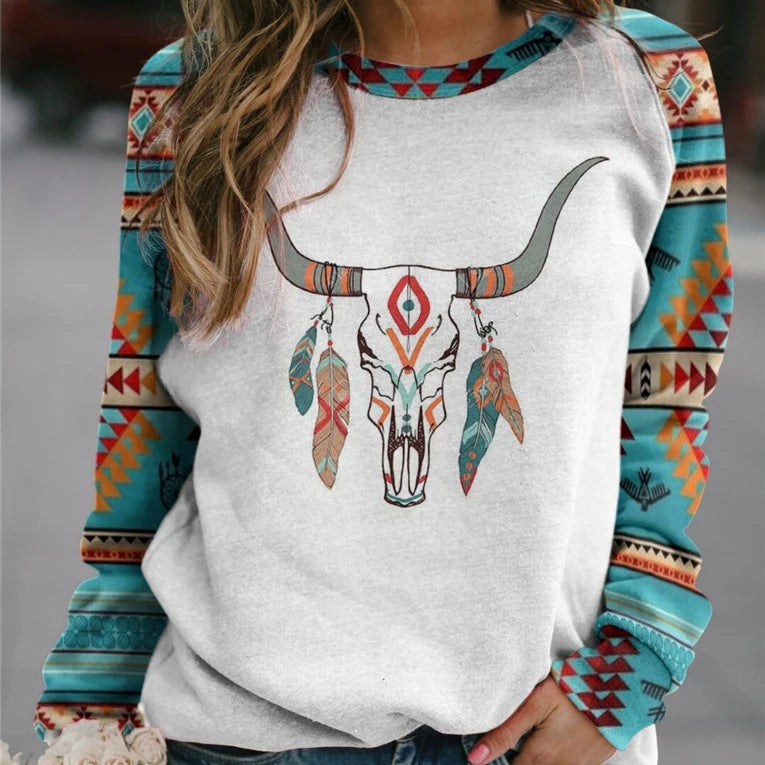 Wholesale Woman Casual Boho Western Cowgirls Bull Head Cactus Printed Long Sleeve Pullover Ladies Aztec Women Tops Shirts