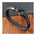 Stainless Steel Horseshoe Clasp Double-layer Woven Genuine Leather Bracelet Men's Black Leather Braided Cuff Wristband Bracelet